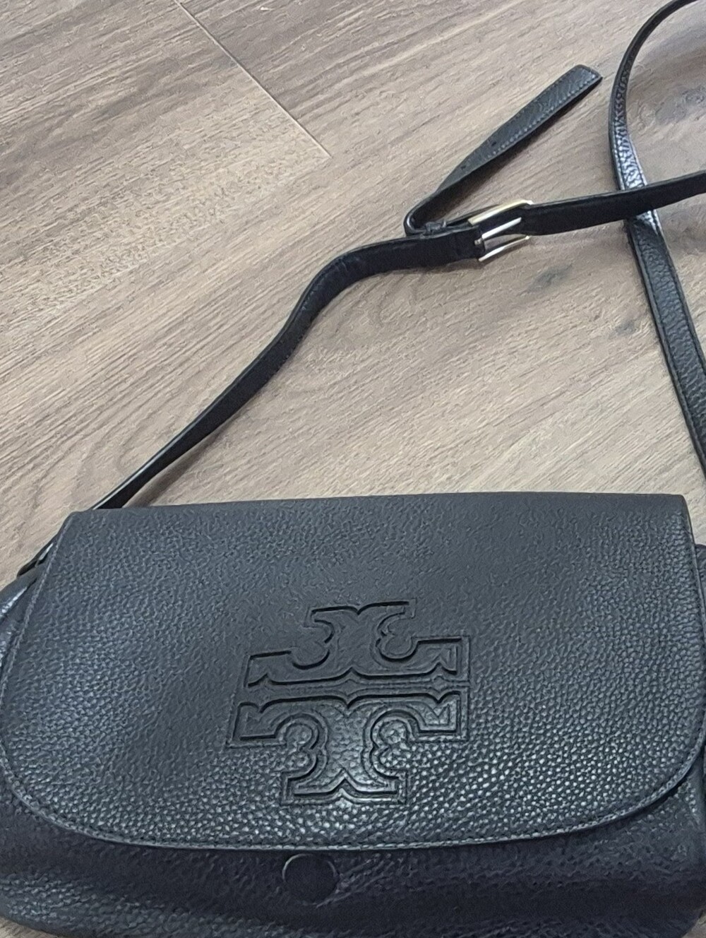 Tory Burch Black Pebbled Leather Logo Crossbody